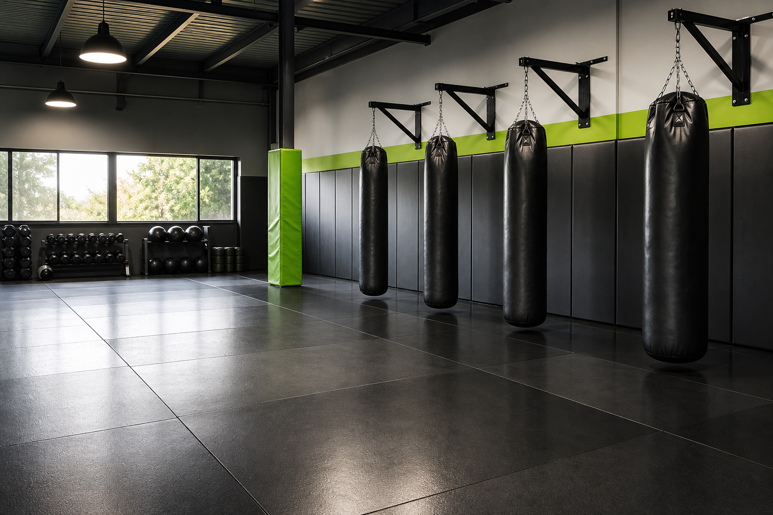 Clean martial arts gym with mats, wall pads, and heavy bags