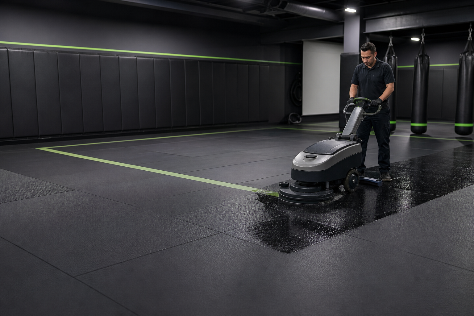 Professional cleaner using a floor scrubber on martial arts mats