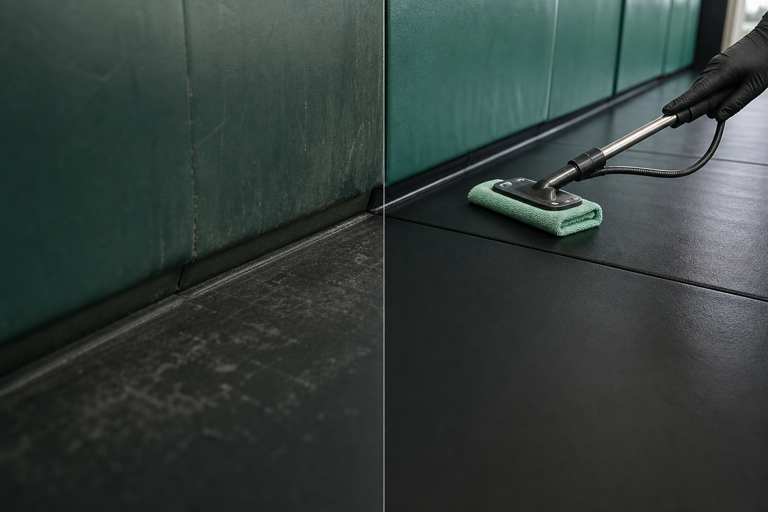 Close-up of a martial arts mat seam and wall pad being cleaned